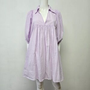Saule Parc Babydoll Mini Dress Size L Lavender Puff Sleeve Cottage Preppy Lined